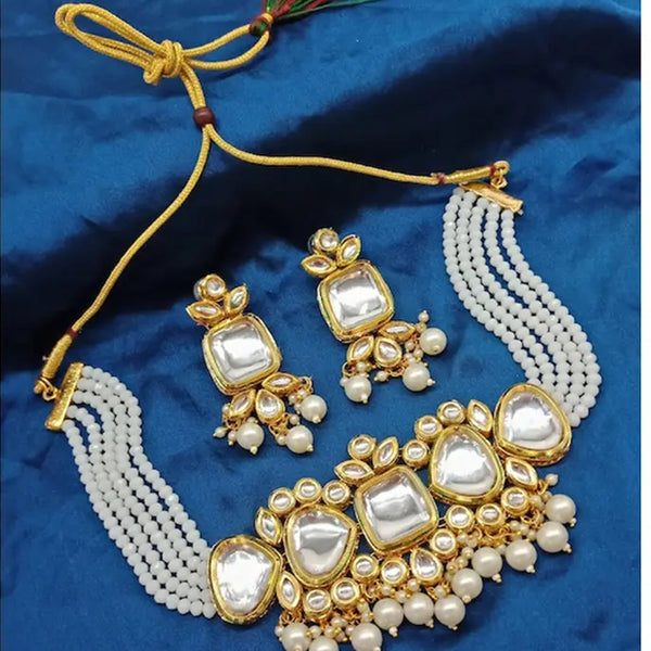 Jewel City Kundan Pearl Choker Necklace Set - Traditional Gold Plated Multi-Strand Pearl Jewelry with Earrings