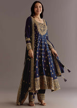 Thumbnail for Teeya Creation Blue Color Chinnon Silk Embroidery Work Gown - Distacart