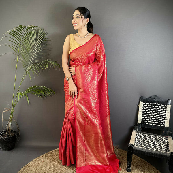 Joban Fashion Red Floral & Paisley Motifs Soft Satin Silk Banarasi Saree - Distacart