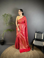 Thumbnail for Joban Fashion Red Floral & Paisley Motifs Soft Satin Silk Banarasi Saree - Distacart