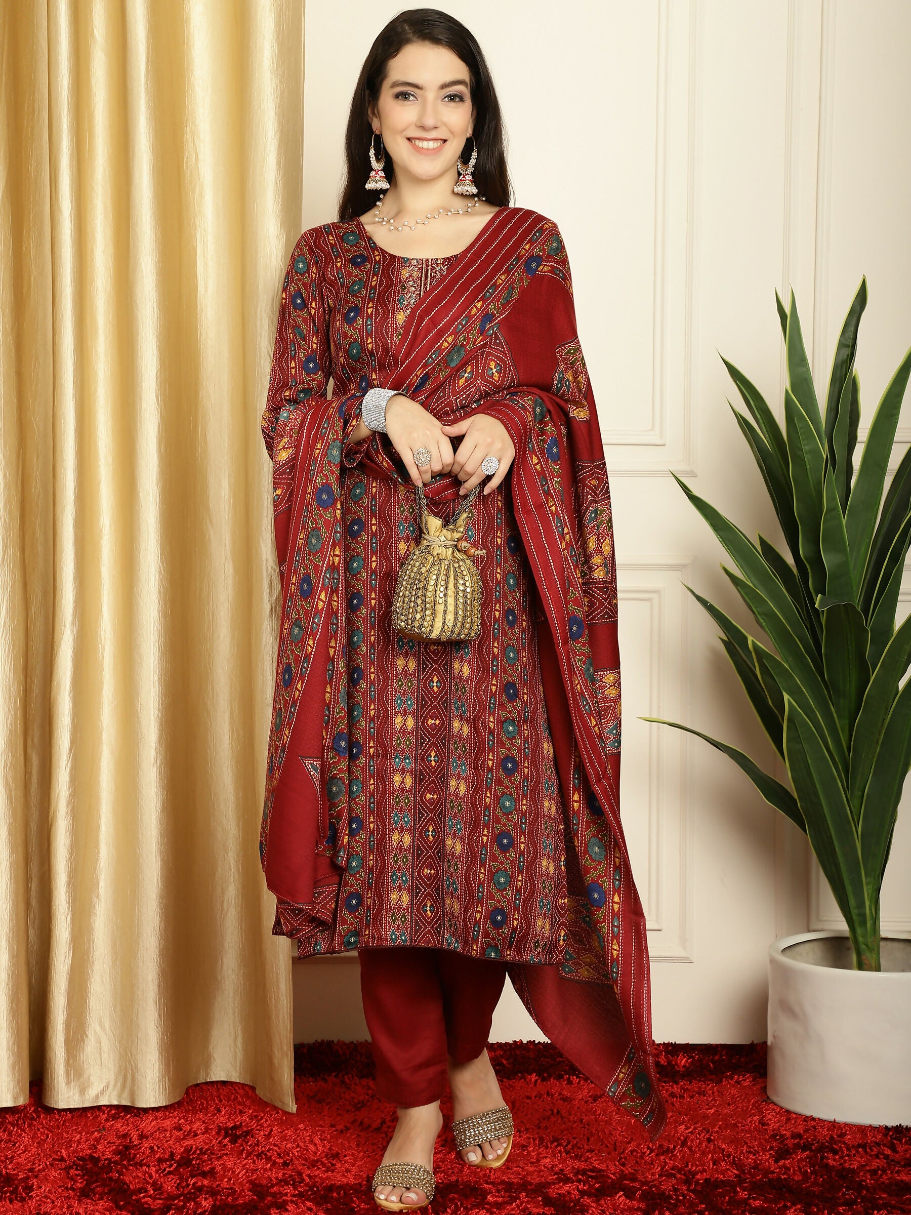 Jyoti Fashion Women's Maroon Pashmina Floral Digital Printed Kurta with Trouser & Dupatta - Distacart