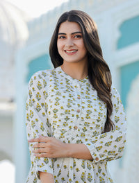 Thumbnail for Kaajh Women's Yellow-White Floral Hand Block Printed Cotton Top - Distacart