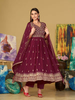 Thumbnail for Jyoti Fashion Women's Rani Pink Georgette Embroidered Anarkali Kurta Pant Set With Dupatta - Distacart