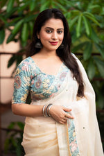 Thumbnail for Blue Pure Linen Ethnic Motifs Saree with Unstitched Blouse - A2M - Distacart
