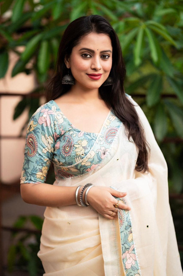 Blue Pure Linen Ethnic Motifs Saree with Unstitched Blouse - A2M - Distacart