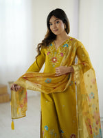 Thumbnail for The52 Yellow Women's Gorgeous Embroidered work Viscose Gadhwal Fabric Straight Kurta, Pant and Dupatta Set - Distacart