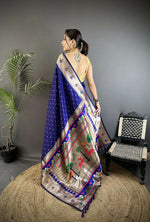Thumbnail for Joban Fashion Royal Blue Peacock & Floral Motifs Soft Lichi Silk Kanchipuram Saree - Distacart