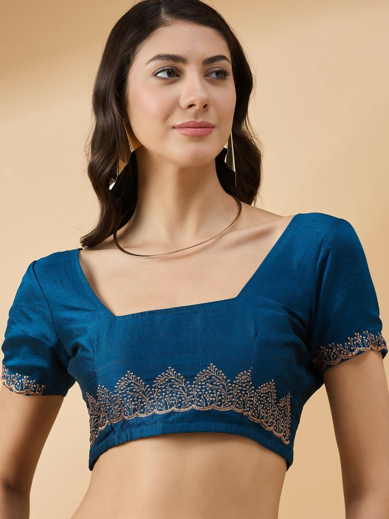 Blue Silk Blend Embroidered Saree with Unstitched Blouse - Vairagi - Distacart