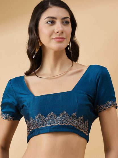 Blue Silk Blend Embroidered Saree with Unstitched Blouse - Vairagi - Distacart