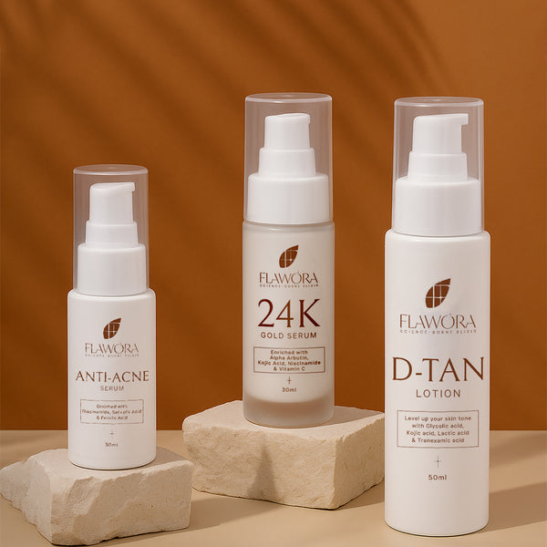 Flawora D-Tan Lotion, Anti Acne Serum And Gold Face Serum Combo