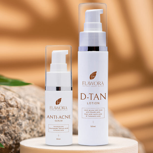 Flawora Anti Acne Serum to reduce Blackheads, Open Pore and D-Tan Lotion for Pigmentation & Tan Removal