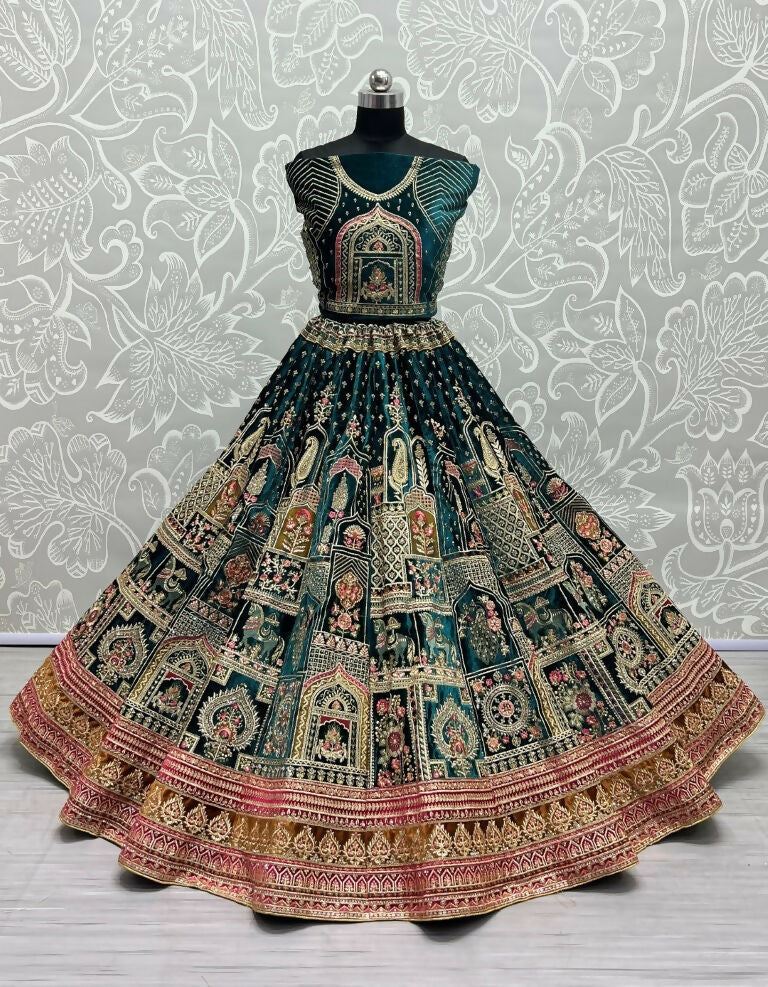 Jyoti Fashion Women's Teal Green Velvet Fancy Dori & Sequins with Multi Thread Embroidered with Diamond Work Wedding Lehenga Choli - Distacart