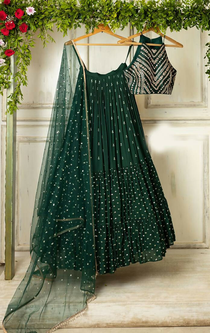 Jyoti Fashion Bottle Green Sequence Embroidery Georgette Designer Lehenga Choli with Dupatta - Distacart