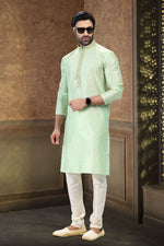 Thumbnail for Raivat Ethnic Jacquard Art Silk Thread Work Kurta Pajama In Pista Green Colour - Distacart