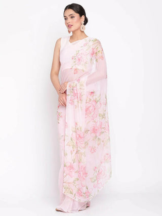 Ahalyaa Women's Baby Pink Digital Print Chiffon Saree - Distacart