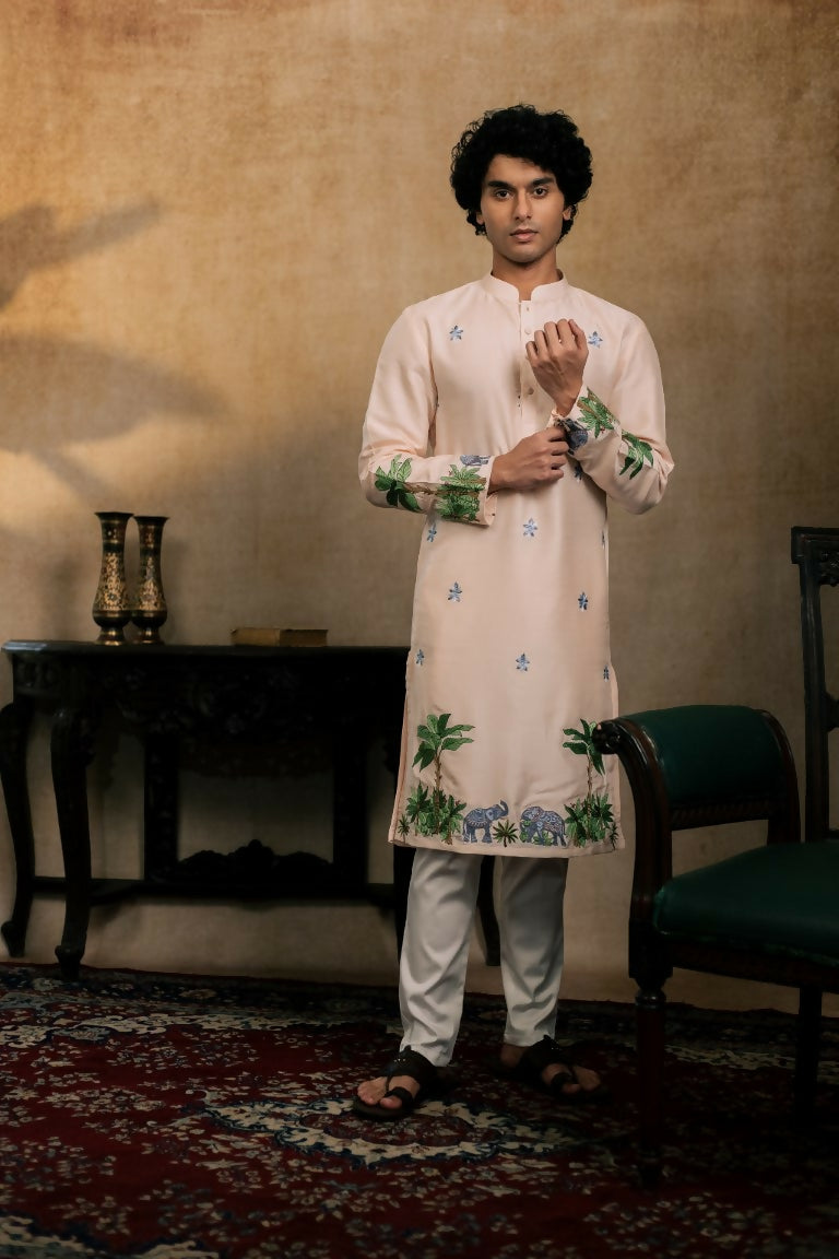 Falling Raw Silk Peach Gajavana Kurta Set By Hilo Design