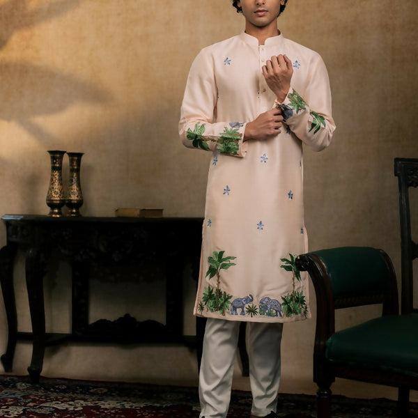 Falling Raw Silk Peach Gajavana Kurta Set By Hilo Design