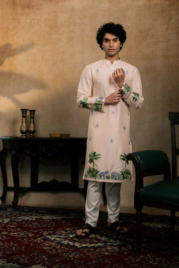 Falling Raw Silk Peach Gajavana Kurta Set By Hilo Design - Distacart