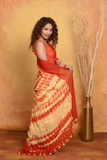 Thumbnail for Very Much Indian Tie & Dye Handloom Mul Cotton Saree - Yellow Red - Distacart