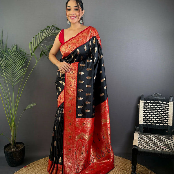 Joban Fashion Banarasi Black Woven Butti Soft Silk Saree - Distacart