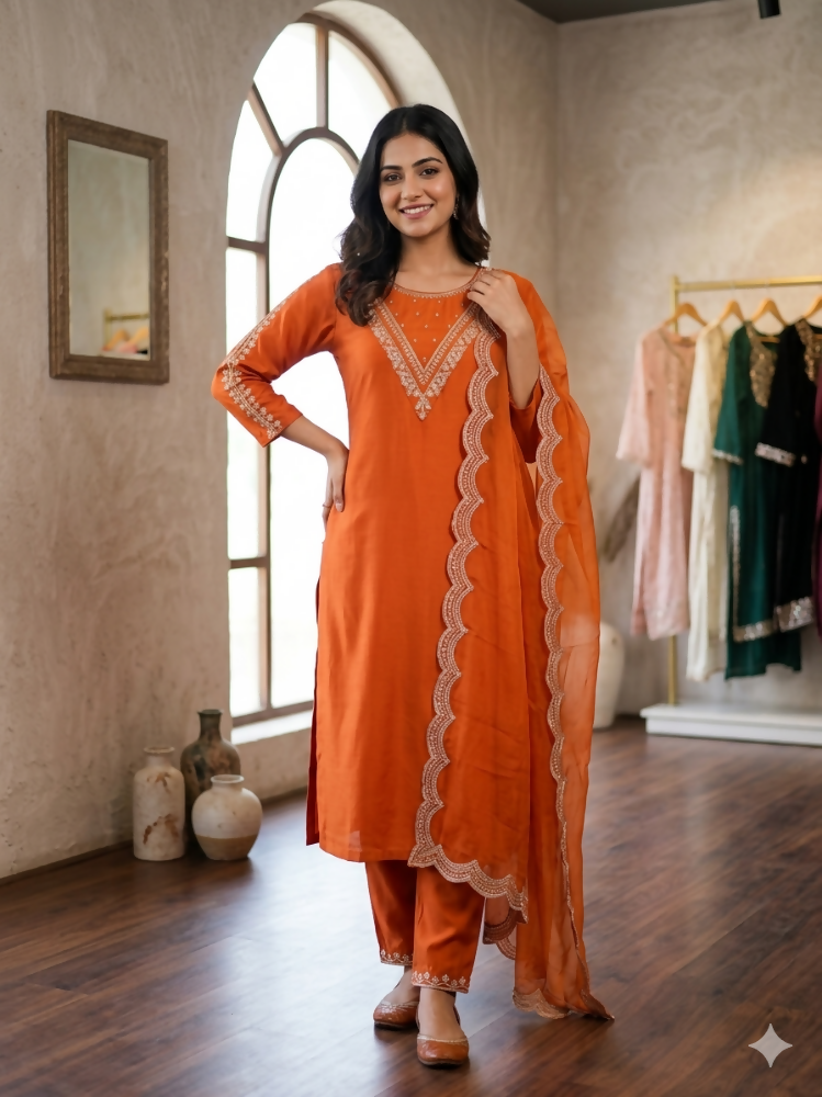 Teeya Creation New Womens Orange Straight Cut Kurta Set with Scalloped Embroidered Organza Dupatta Set - Dista