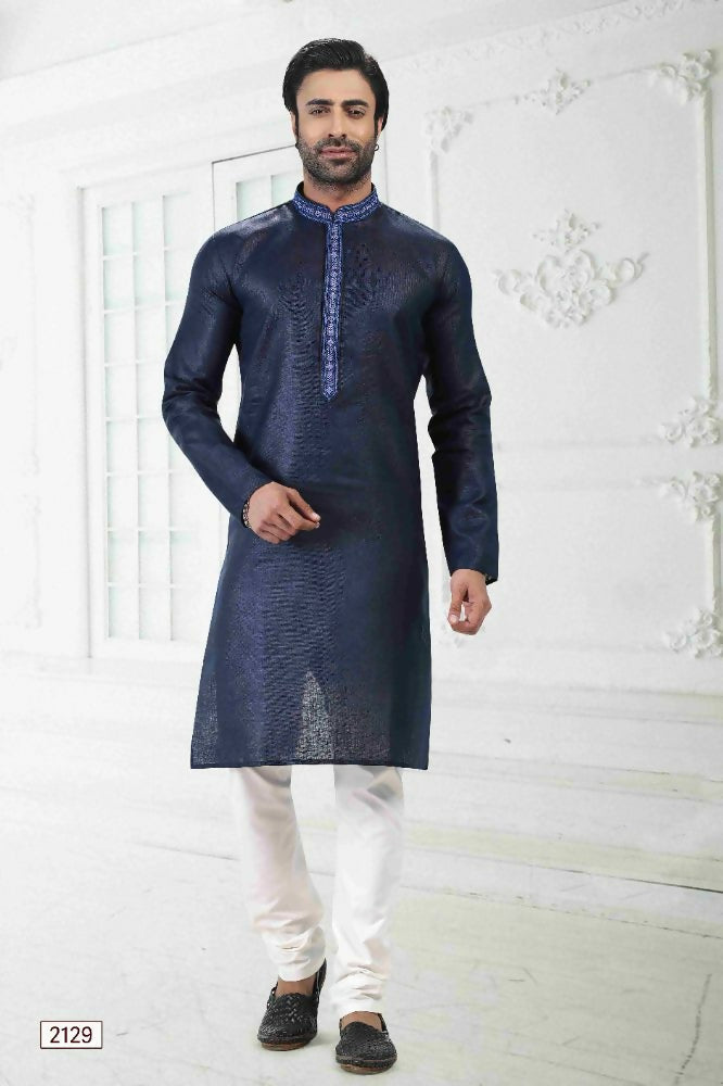 Raivat Ethnic Linen Cotton Thread Work Kurta Pajama In Blue Colour - Dista