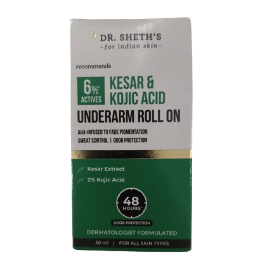 Dr. Sheth's Kesar & Kojic Acid Underarm Roll-on 6% Actives -AHA, Kojic Acid & Niacinamide, Controls Body Odor, Sweat & Fade Pigmentation - Distacart