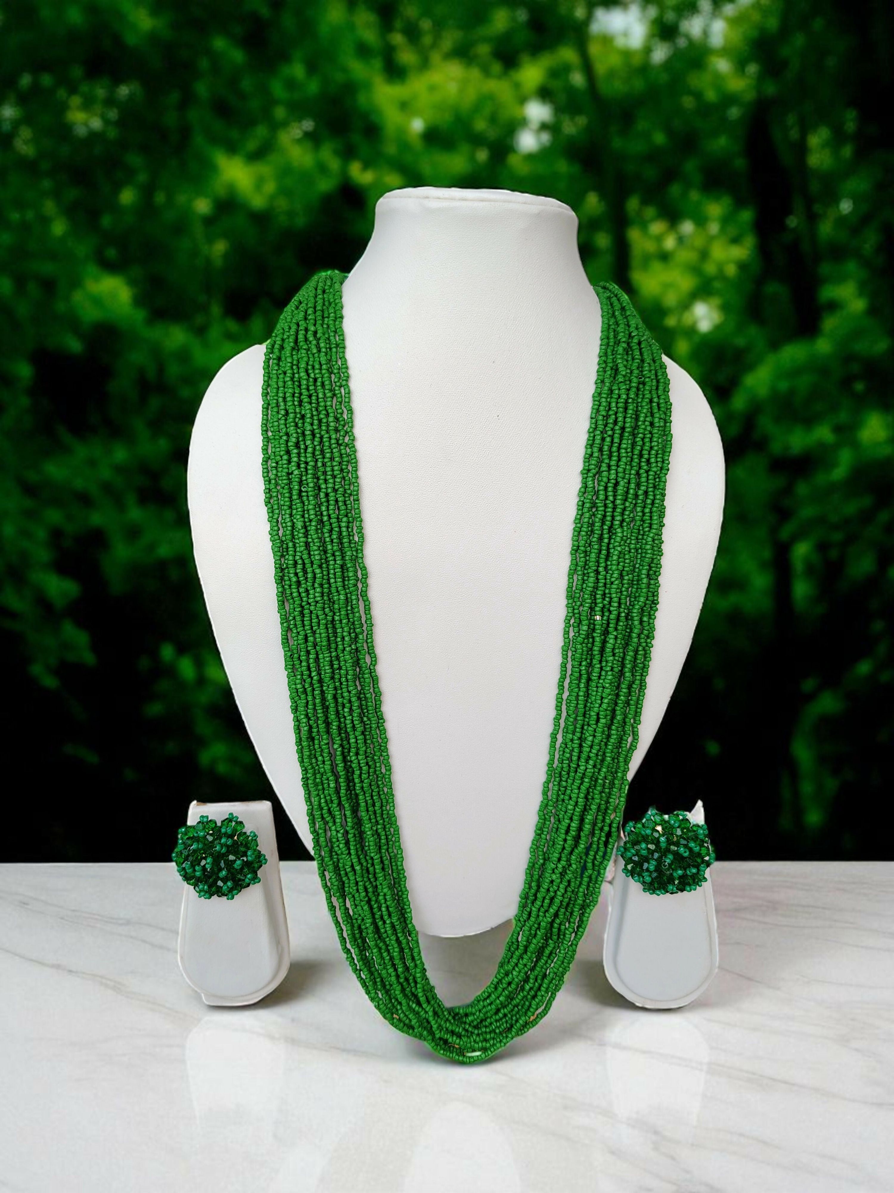 Inhanns Rangsaaz 20-Layer Luxe Long Beaded Necklace (With Optional Statement Earrings) - Green With Earring - Distacart