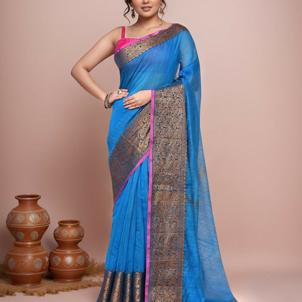 Joban Fashion Blue Cotton Blend Handloom Saree - Dista