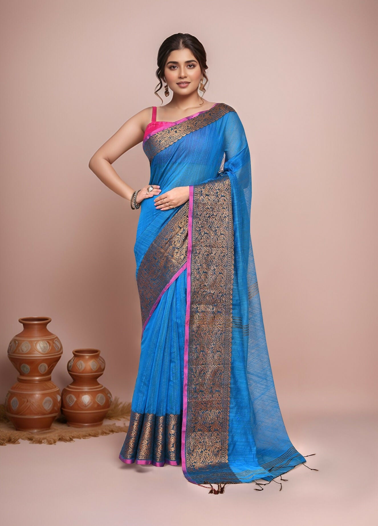 Joban Fashion Blue Cotton Blend Handloom Saree - Dista