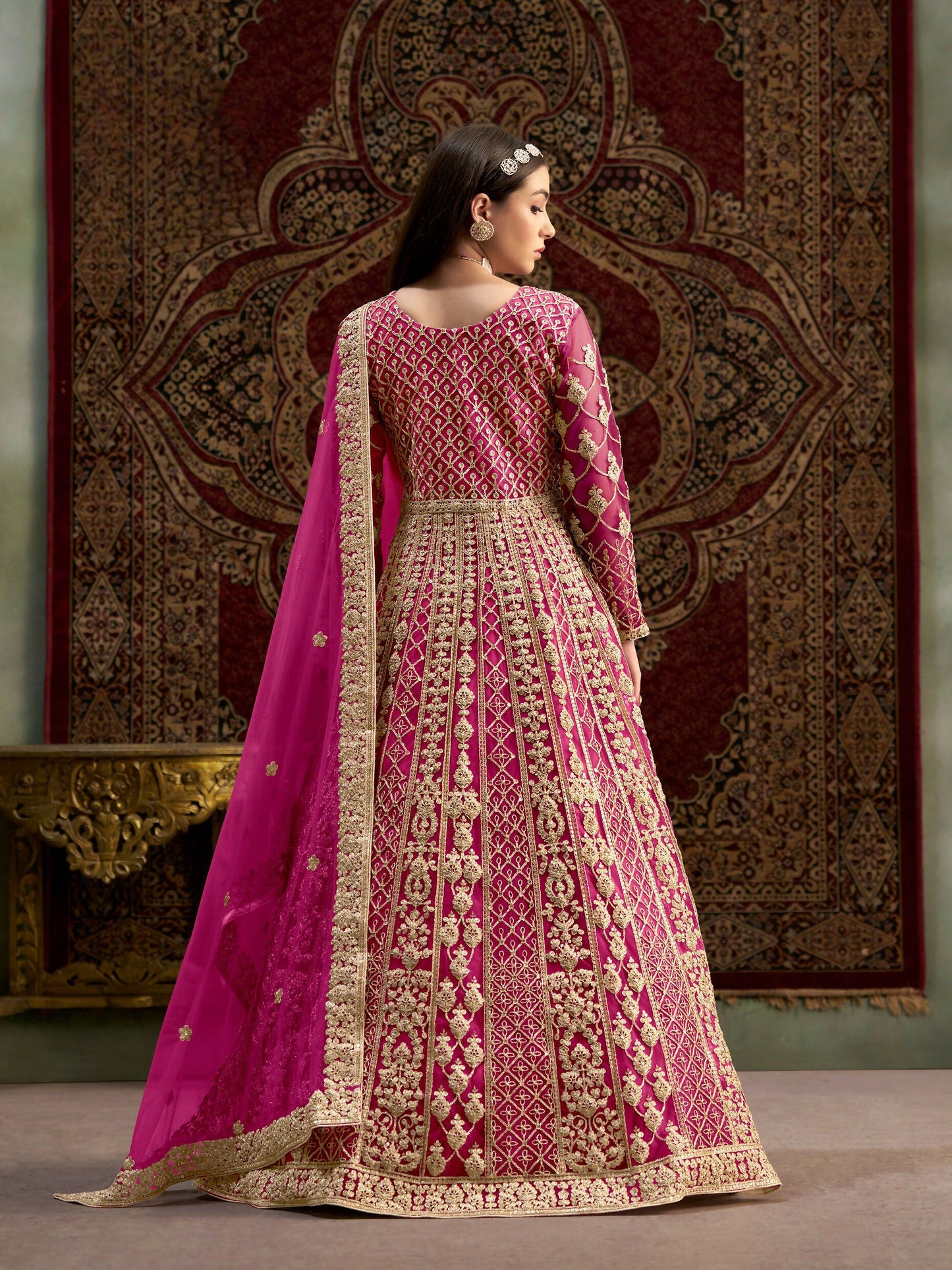 Anaita Rani Pink Embroidered Net Stitched Anarkali Suit - Distacart