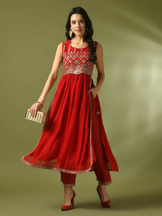 Myshka Women's Red Embroidered Georgette Anarkali Party Kurta Set - Distacart