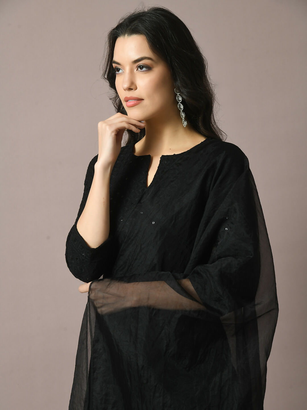 Myshka Women's Black Embroidered Cotton Straight Party Kurta Set With Dupatta - Distacart