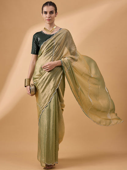 Green Muslin Embroidered Saree with Unstitched Blouse Piece - Satya - Distacart