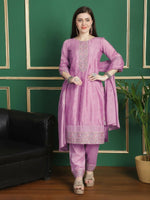 Thumbnail for Aastha Fashion Women's Pink Chinon Chiffon Floral Embroidery with Cording & Crystal Work Designer Straight Suit Set - Distacart