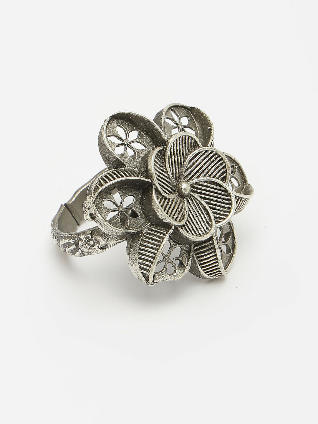 NVR Women's Silver-Toned Floral Shape Adjustable Finger Ring - Distacart