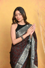 Thumbnail for Very Much Indian Modal Silk Ajrakh Handblock Printed Natural Dyes With Designer Border Saree - Dark Maroon - Distacart