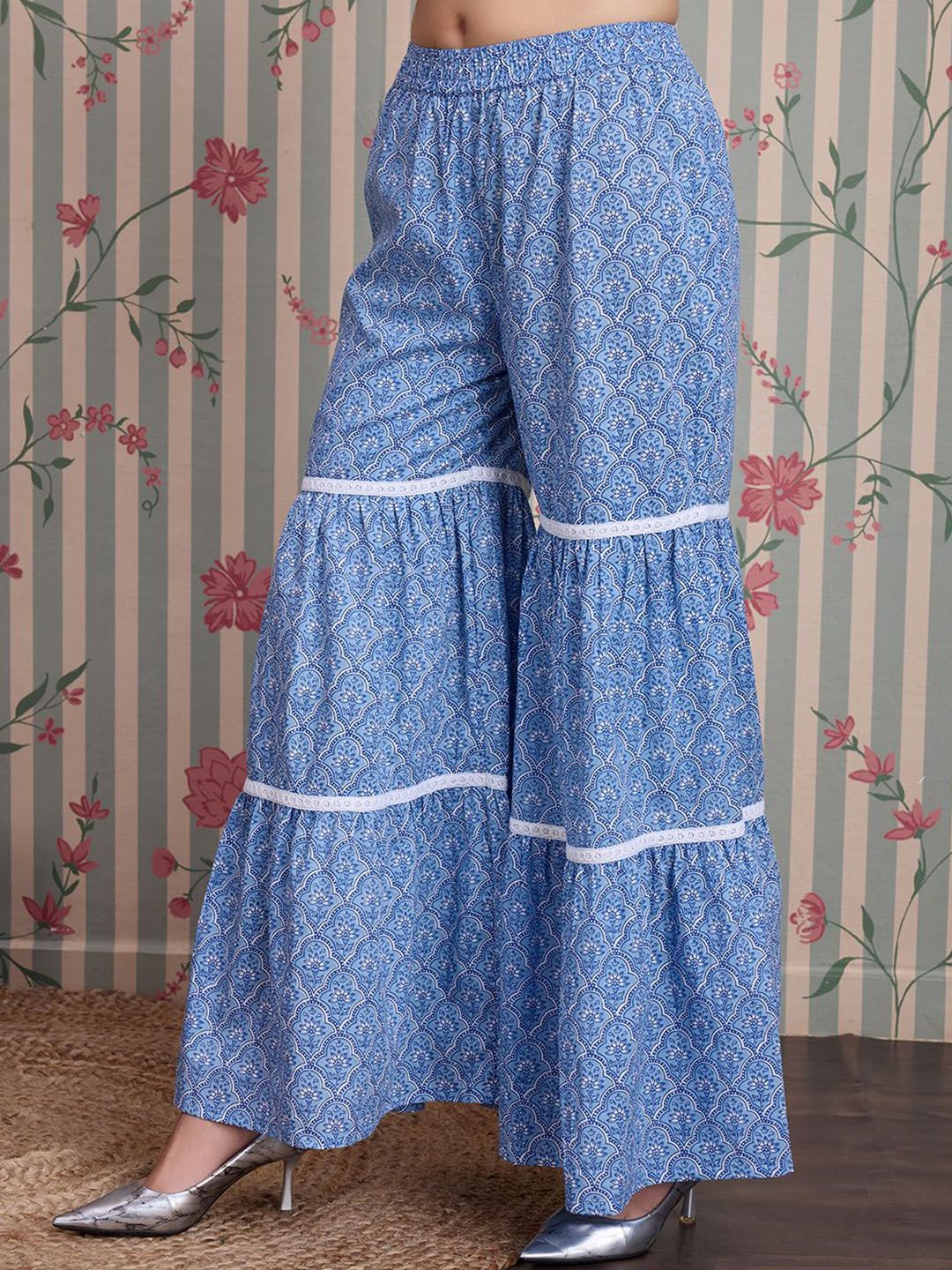 Ode by House of Pataudi Floral Printed Pure Cotton Straight Kurti with Sharara & With - Distacart