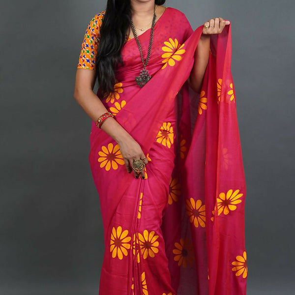 Exclusive Collection Red Pure Cotton Saree With Sunflower Design