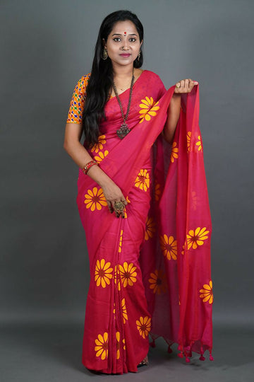 Exclusive Collection Red Pure Cotton Saree With Sunflower Design - Distacart