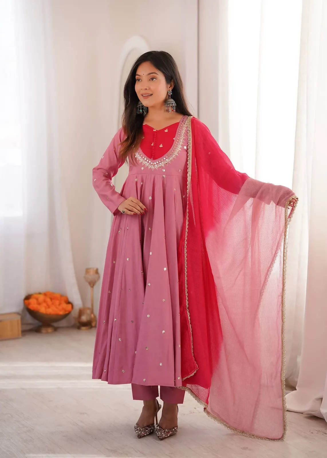 Teeya Creation Premium Pink Heavy Neck Embroidery Anarkali Suit Set with Dupatta & Pant