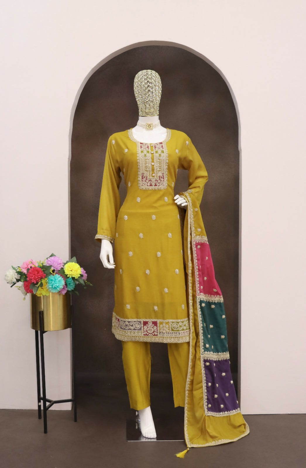 Teeya Creation Yellow Color Chinon Silk Embroidery Work Wedding Wear Designer Salwar Suit - Distacart