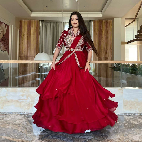 Preksha Creation Fancy Party Wear Fiyona Silk Lehenga Saree - Red - Distacart