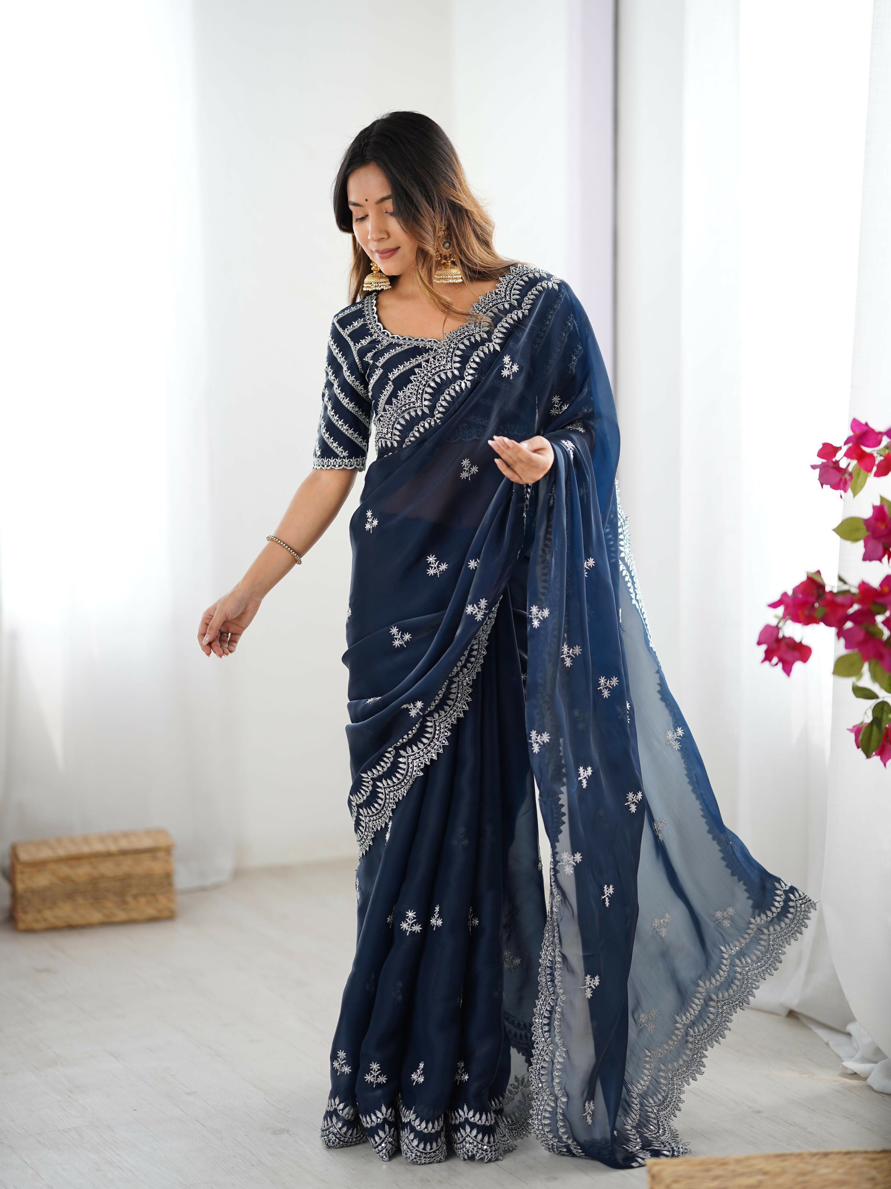 Joban Fashion Teal Blue Jimmy Choo Saree With Thread with Sequins work