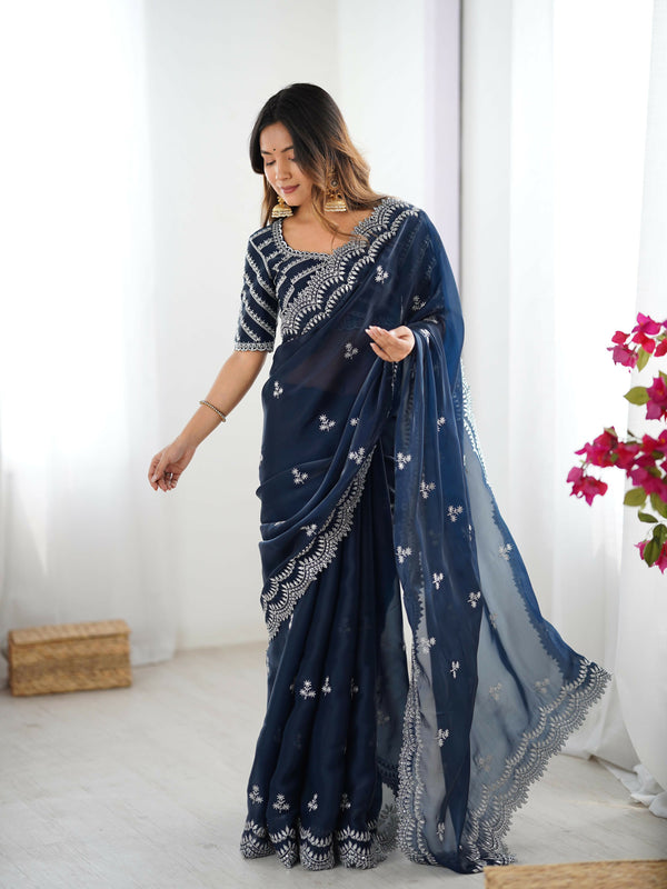 Joban Fashion Teal Blue Jimmy Choo Saree With Thread with Sequins work
