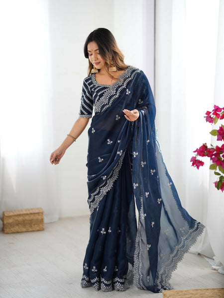 Joban Fashion Teal Blue Jimmy Choo Saree With Thread with Sequins work