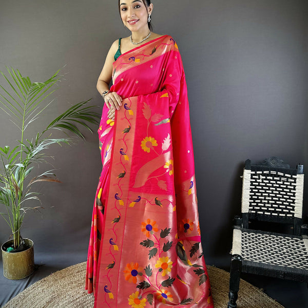 Joban Fashion Rani Pink Zari Woven Floral Motifs Soft Silk Paithani Silk Saree - Distacart