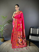 Thumbnail for Joban Fashion Rani Pink Zari Woven Floral Motifs Soft Silk Paithani Silk Saree - Distacart