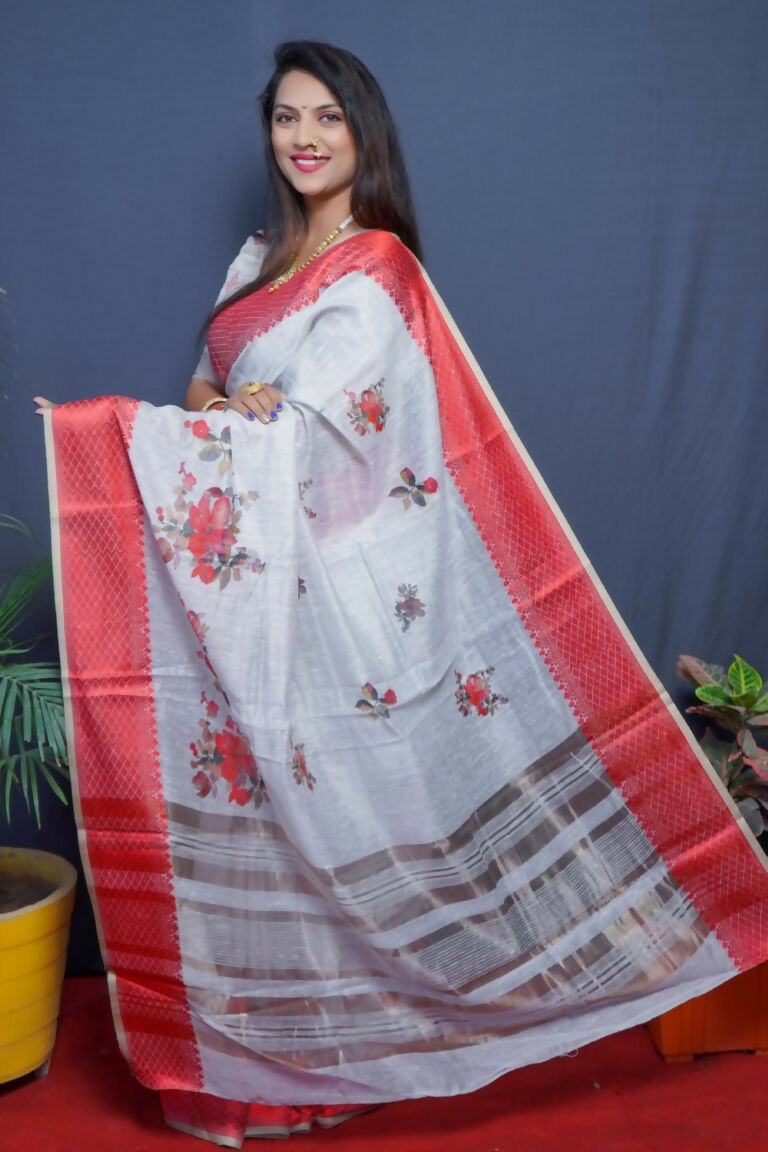 Jyoti Fashion Women's Maroon Linen Silk Digital Print with Jacquard Woven Border Saree with Blouse - Distacart