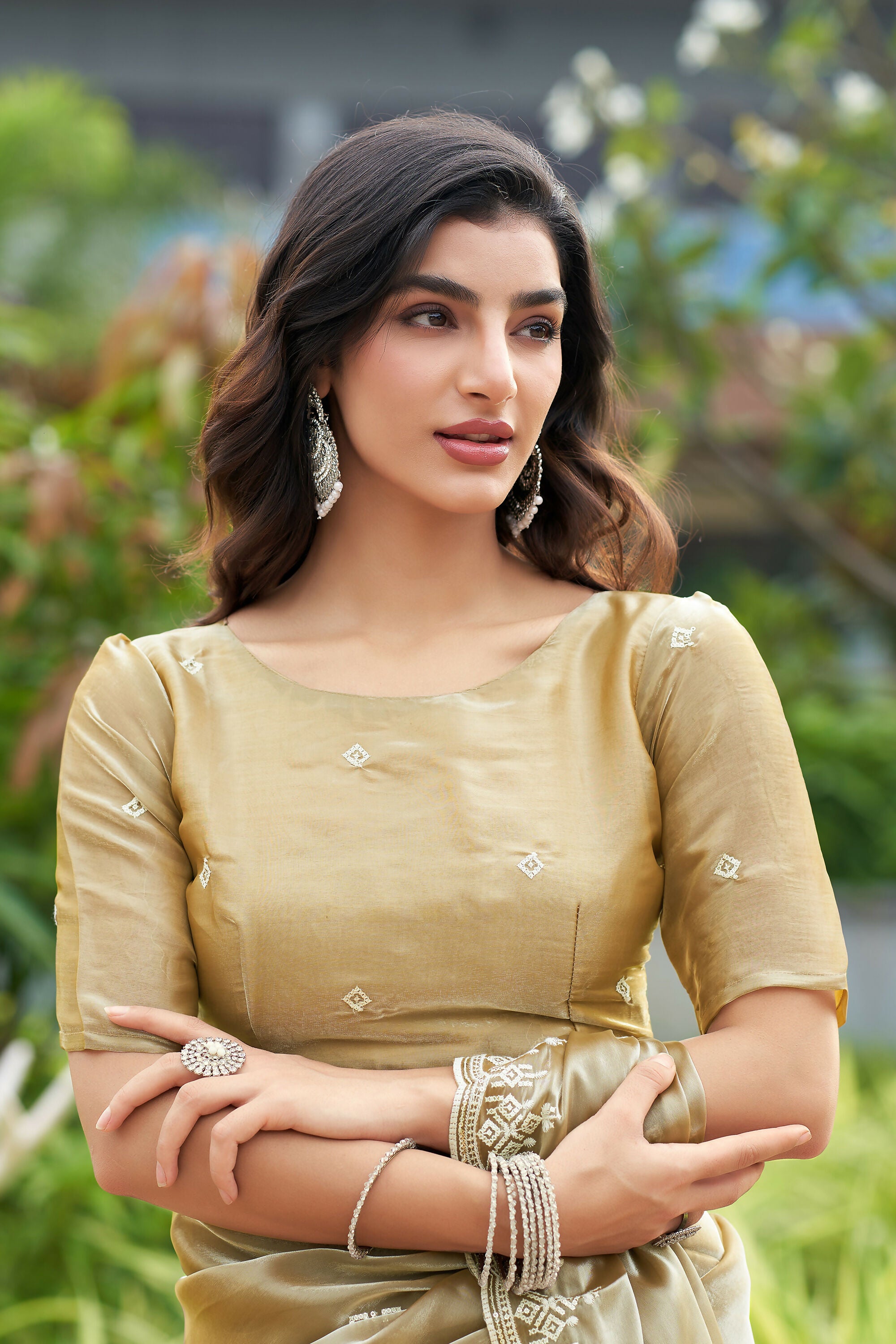 Vastranavya Beige Embroidery Work Shimmer Chiffon Saree with Unstitched Blouse